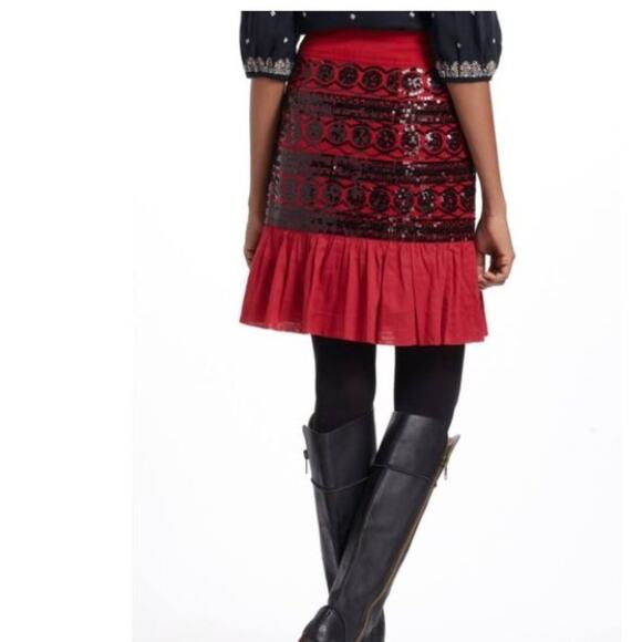 Anthropologie Moulinette Soeurs Red and Black Sequined Ruffle Suelta Skirt Sz 6 - Picture 3 of 9